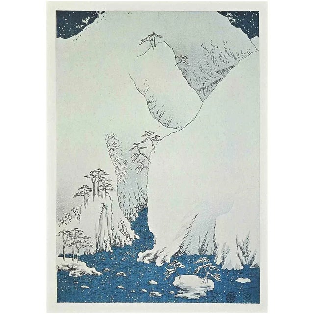 Snow Scene along Kiso Route is a modern artwork realized in the Mid-20th Century. Mixed colored lithograph after a woodcut...