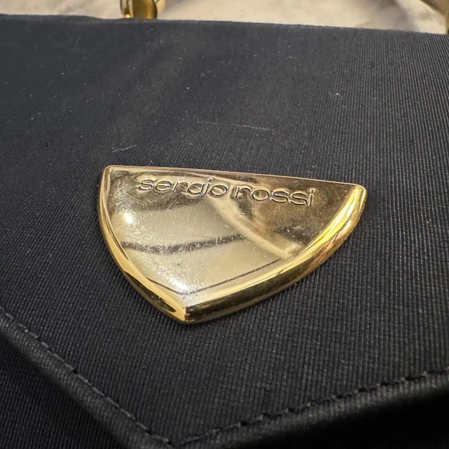 Elegant 1990s Black Fabric, Brass and Chromed Metal Hand-Bag by Sergio Rossi For Sale - Image 11 of 11