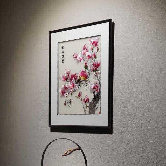 Textile Handmade Suzhou Embroidery “Golden Abundance” Magnolia Blossom Artwork – Luxury Silk Embroidered Decorative Wall Art For Sale - Image 7 of 10