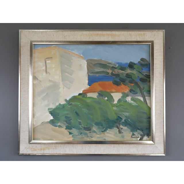 MEDITERRANEAN ESCAPE Size: 21.9 x 25.2 inches (including frame) Oil on canvas A well executed mid century modernist...