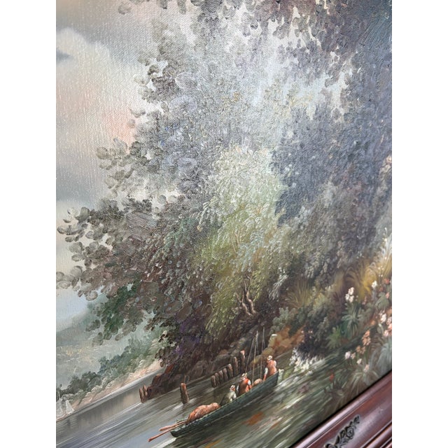 Green Large White Framed Vintage River Landscape Oil Painting, Ornate Carved Wood C Thomas Art For Sale - Image 8 of 12