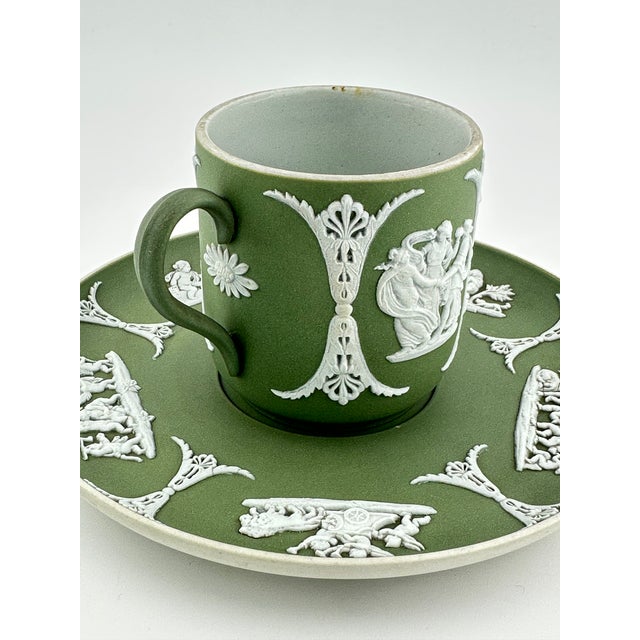Wedgwood 1940s Wedgwood Celadon Demitasse Cup & Saucer – Neoclassical Bas-Relief Sage Green Porcelain For Sale - Image 4 of 11