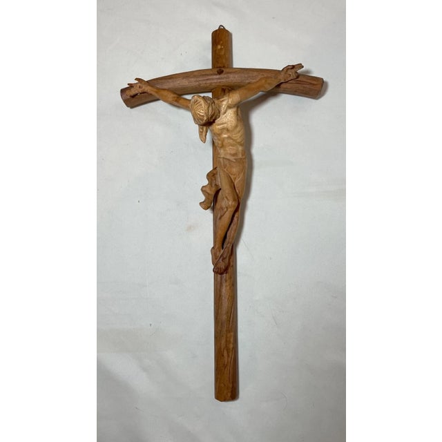 1930s Antique Hand Carved Wood Religious Jesus Christ Crucified Cross Sculpture God For Sale - Image 5 of 14