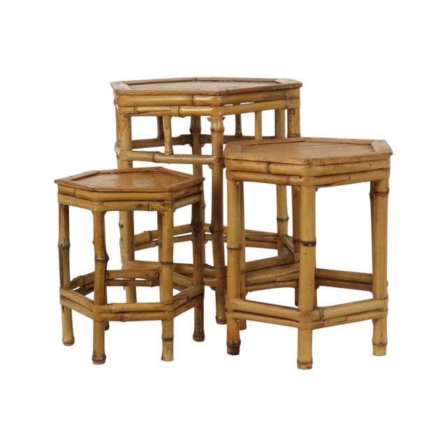 Boho Chic Vintage Bamboo and Rattan Nesting Tables, 1960s, Set of 3 For Sale - Image 3 of 16