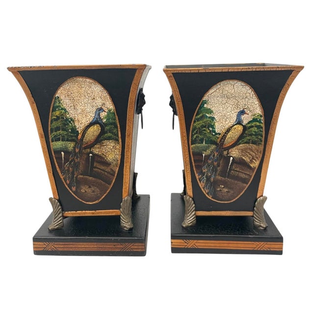Traditional 2 Vintage Castilian Imports Regency Tole Cachepot With Peacocks 11” For Sale - Image 3 of 11
