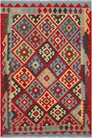 Navajo Style Kilim Red Hand-Woven Wool Rug -4′2″ × 5′8″