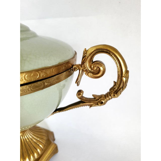 Footed Bowl or Urn Celadon Green & Brass Candy Dish For Sale - Image 10 of 12