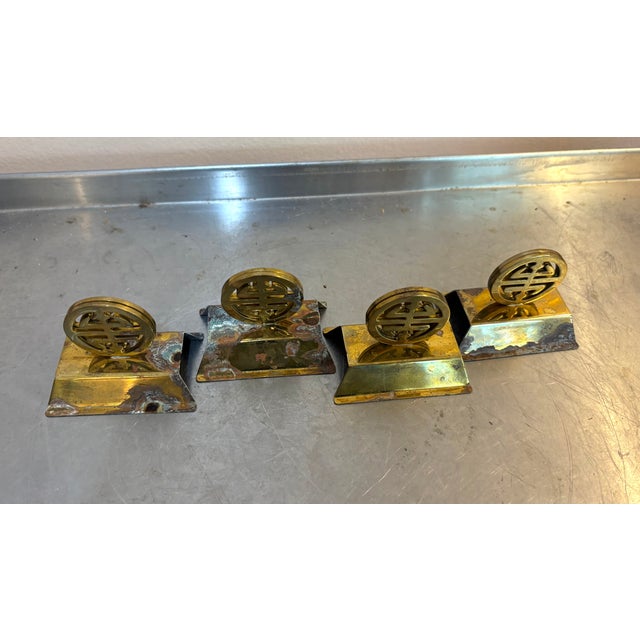 Mid-Century Modern Brass Asian Medallion Placecard Holders Set of 4 For Sale - Image 3 of 4
