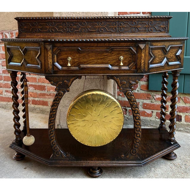 Late 19th Century Antique English Console Hall Table Jacobean Carved Oak Barley Twist Gong C1880 For Sale - Image 5 of 18