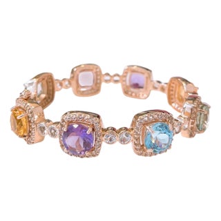 Bochic Capri” Vintage Sapphire & Multi Natural Gem Bangle Set 18K Gold & Silver For Sale