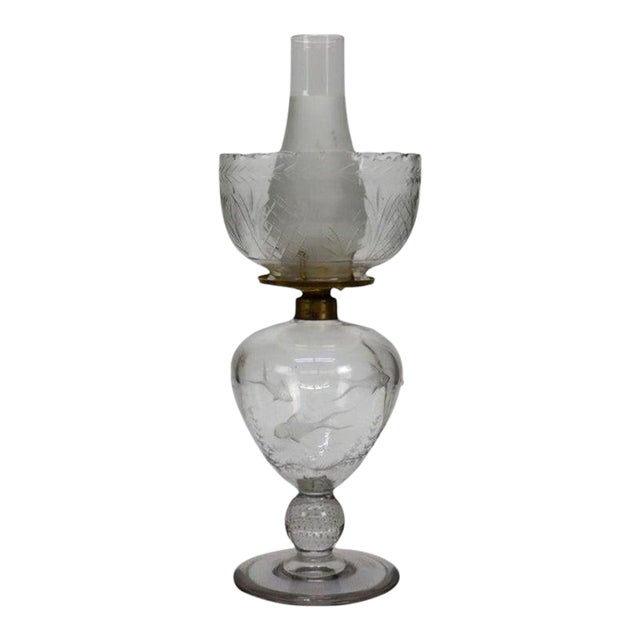 Late 19th Century Figural Fish Etched Glass & Crystal Base Table Lamp For Sale