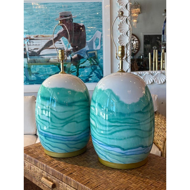 Modern Vintage Pair Ceramic Watercolor Blue Green Modern Coastal Table Lamps Rewired For Sale - Image 3 of 12