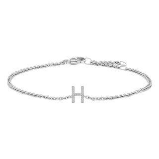 10K White Gold Diamond Accent "H" Initial Charm and Link Bracelet For Sale