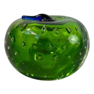 1970's Vintage Murano Glass Style Green Apple Paperweight For Sale