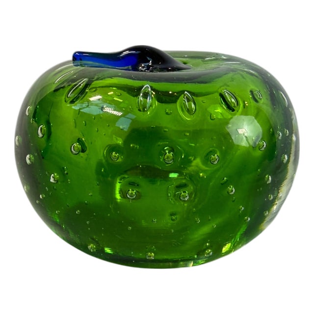 1970's Vintage Murano Glass Style Green Apple Paperweight For Sale