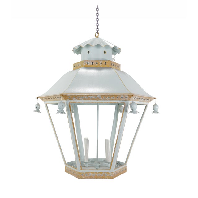 Vintage French Chinoiserie Three-Tier Pagoda-Shaped Metal Chandelier, White, Light Blue, and Gold For Sale - Image 11 of 11