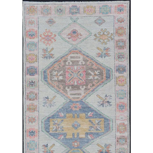 Colorful Modern Oushak Runner With Diamond Medallions and Multi-Tier Border, Keivan Woven Arts; rug AWR-5089 / Country of...