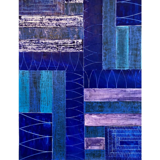 Joan Kahn, Joan Kahn Indigo Denim Blue Color Abstract Expressionist Modernist Oil Painting, c.1980's For Sale - Image 4 of 14