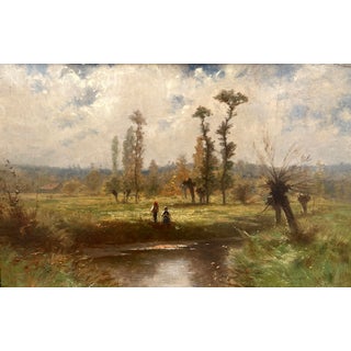 Gustave Eugène Castan, Personnages au bord de l'étang, Oil on Wood, Framed For Sale