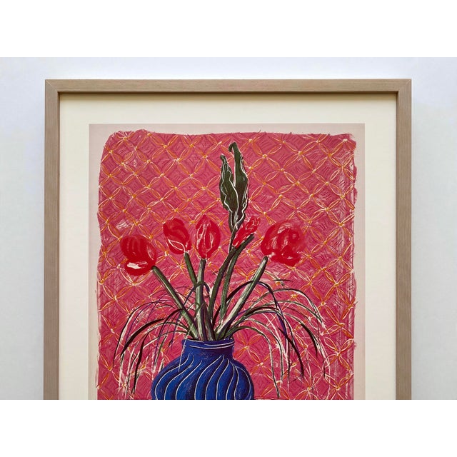 This David Hockney very rare vintage 1985 Pop Art lithograph print custom framed exhibition poster " Amaryllis in Vase "...