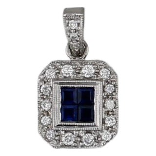 0.75ctw Blue Sapphire Diamond Halo Pendant 18k White Gold Small Drop For Sale