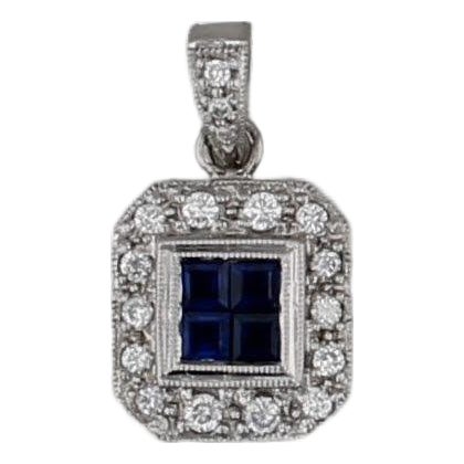 0.75ctw Blue Sapphire Diamond Halo Pendant 18k White Gold Small Drop For Sale
