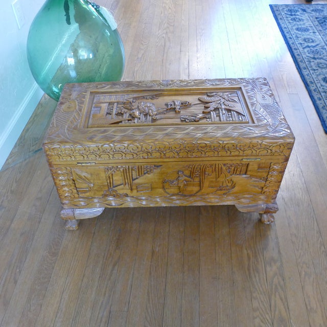 Antique Chinese Hand Carved Wood Chest Trunk For Sale - Image 11 of 11