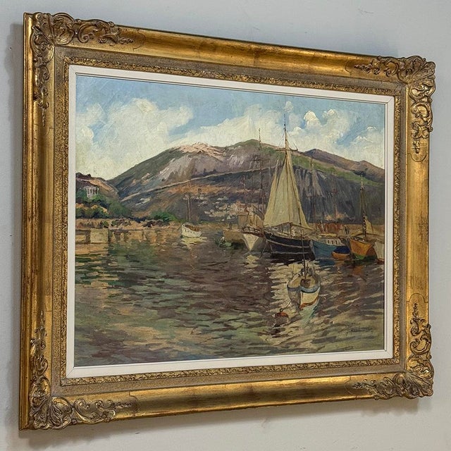 Antique Framed Painting on Canvas 'Harbor in Still Light' Signed by J. Gilbert For Sale - Image 4 of 15