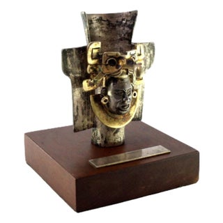 Pre-Columbian Style Zapotec Silver Urn with Applications and Figure on Wooden Base with Monogram For Sale