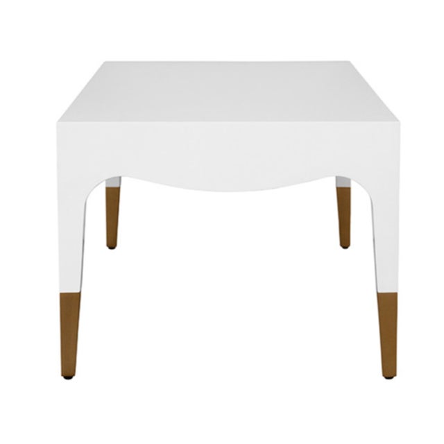 Metal Matthew Izzo Home Medina White Glossy Coffee Table With Brass Foot Caps For Sale - Image 7 of 8