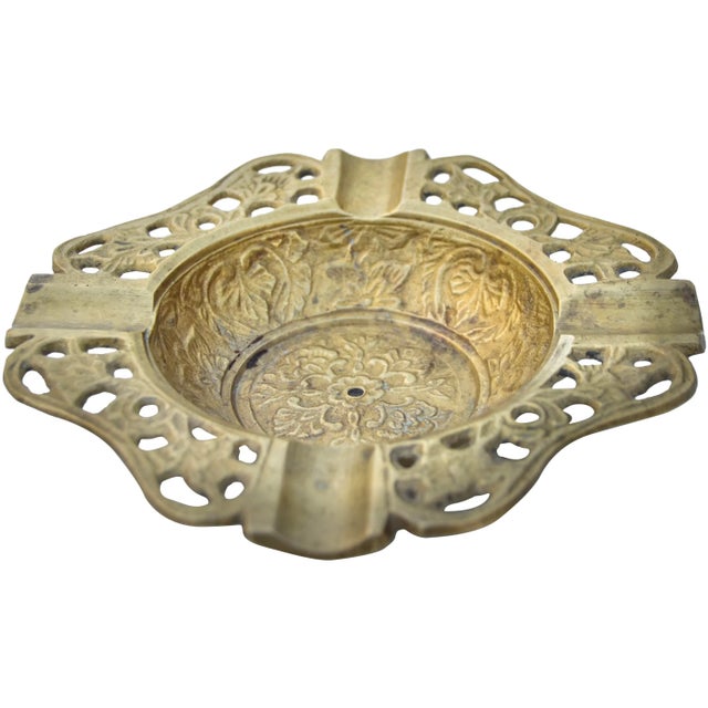 Antique Handmade Floral-Patterned Brass Ashtray For Sale - Image 4 of 6