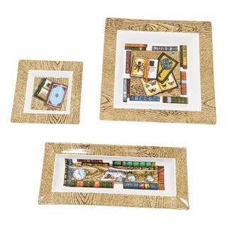 Multicolored Libreria Dekor Ceramic Trays by P. Fornasetti for Rosenthal, 1980s, Set of 3 For Sale