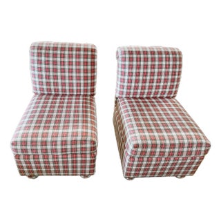 Vintage Ashley Manor Pair of Red, White and Green Plaid Slipper Side Chairs For Sale