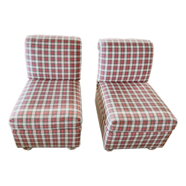 Vintage Ashley Manor Pair of Red, White and Green Plaid Slipper Side Chairs For Sale