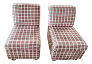 Vintage Ashley Manor Pair of Red, White and Green Plaid Slipper Side Chairs