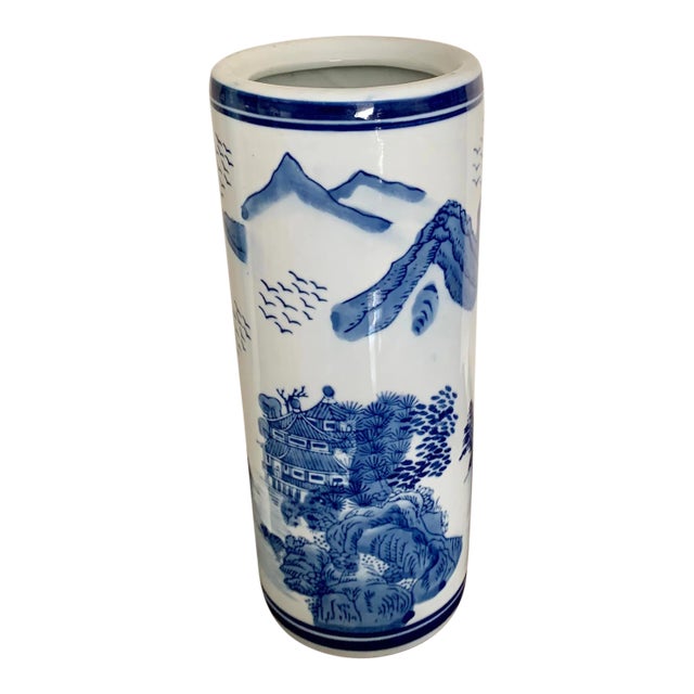 Vintage Blue and White Ceramic Tube Chinoiserie Vase For Sale