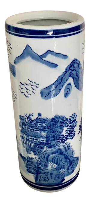 Vintage Blue and White Ceramic Tube Chinoiserie Vase
