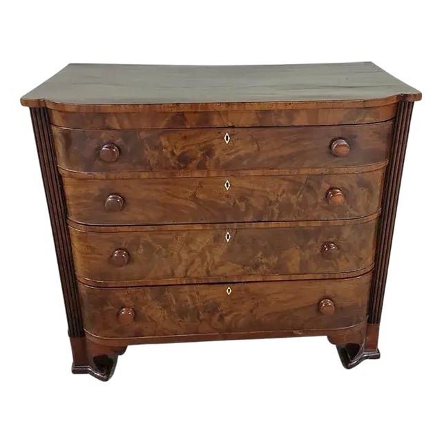 Circa 1830 American Empire Figured Mahogany Bow-Front 4-Drawer Chest For Sale