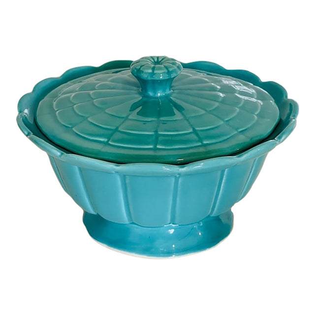 Mid 20th Century Turquoise Ceramic Bowl With Lid, Vintage For Sale