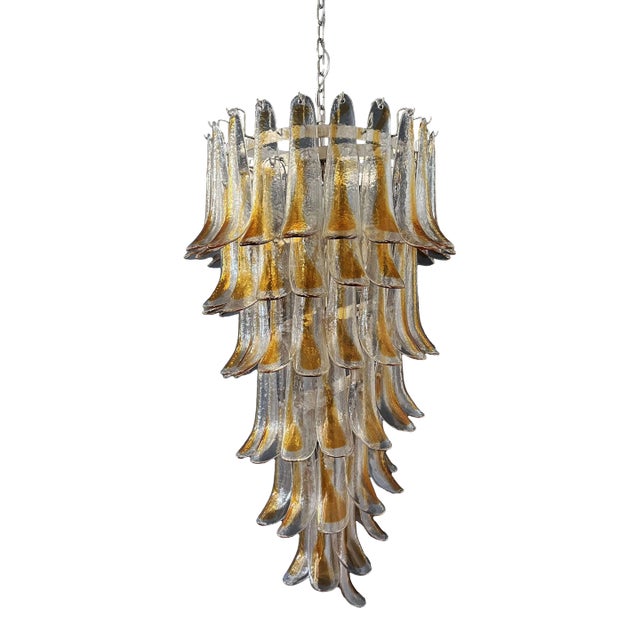 Italian Murano Glass Spiral Chandelier, 83 Amber and Crystal Petals For Sale