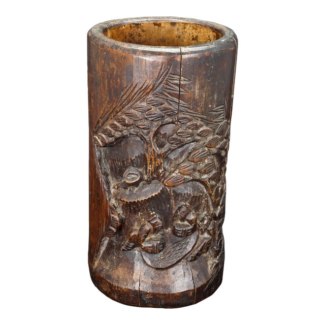 Chinese Carved Wood Bamboo Brush Pot Bitong 19th Century For Sale