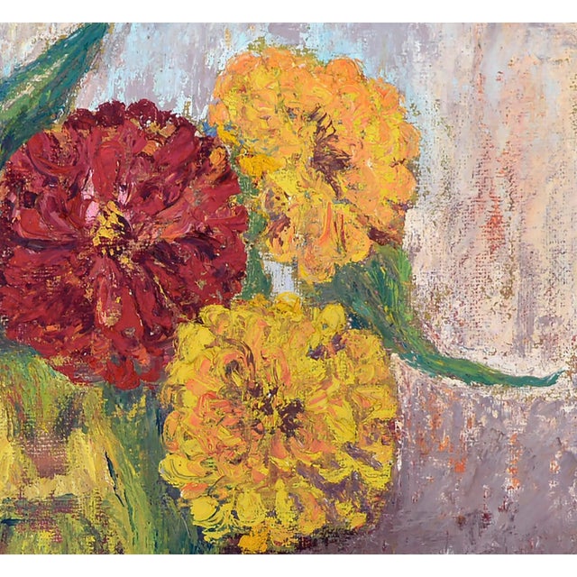Mid Century Modern Impasto Zinnia Floral Still Life by Nona Beck Linneman For Sale - Image 4 of 5