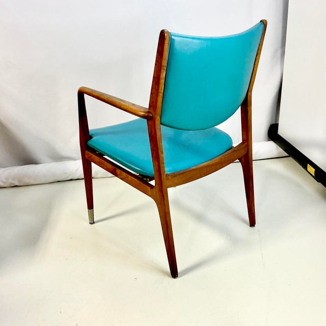 Stow & Davis Mid-Century Modern Boho Chic Contemporary Turquiose Vinyl and Teak Wood Arm Side Chair For Sale - Image 4 of 8