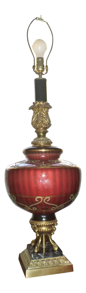 Vintage Hollywood Regency Brass & Red Ribbed Glass Table Lamp