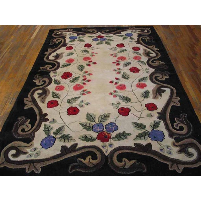 Antique American hooked rug, size: 6'4" x 9'10". Antique American Hooked Floral Medallion Wool Ivory Beige Cream White...