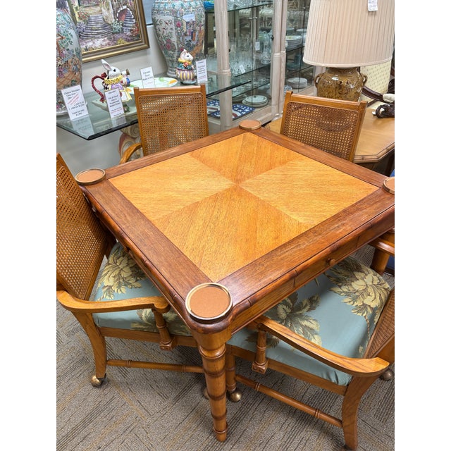 Theodore Alexander Faux Bamboo Table Set, Mahjong, Card/Game Table With 4 Chairs. Fully Refurbished With New Upholstery. For Sale - Image 4 of 8