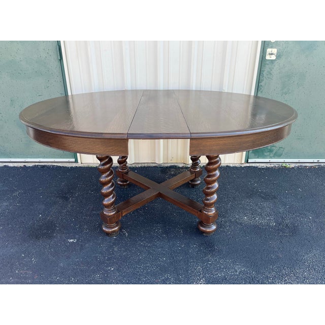 Wood Antique Victorian Quartersawn Oak Barley Twist Extension Dining Table- Refinished For Sale - Image 7 of 12