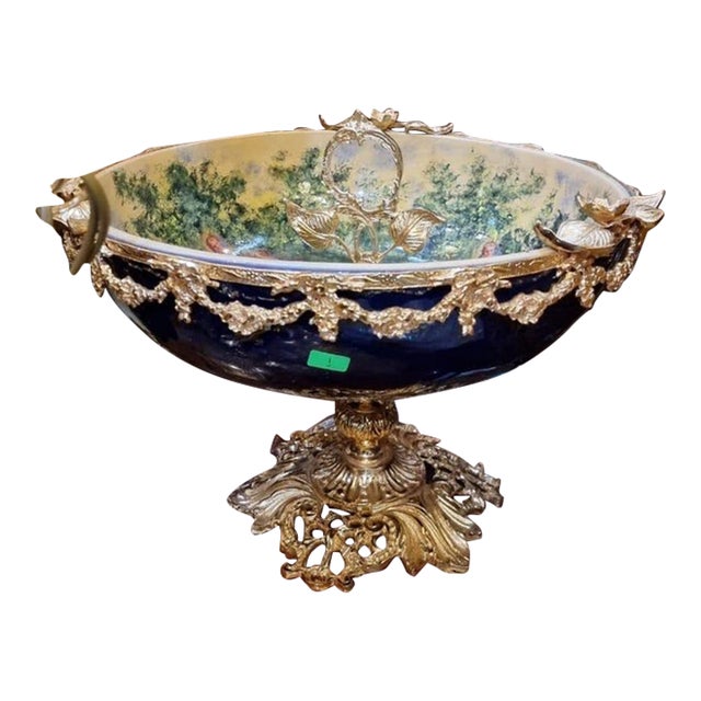 1960s French Porcelain Centerpiece Bowl Cobalt Blue with Gilt Bronze Mounts For Sale