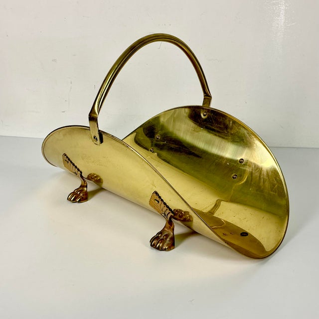 Metal Mid-Century Arts & Crafts Americana Federal Brass & Bronze Paw Footed Firewood Holder For Sale - Image 7 of 11
