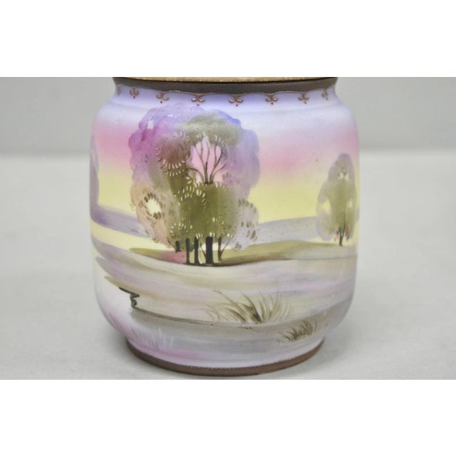 Antique Nippon Hand Painted Porcelain Countryside Lake Scene Covered Biscuit Jar For Sale In Philadelphia - Image 6 of 17